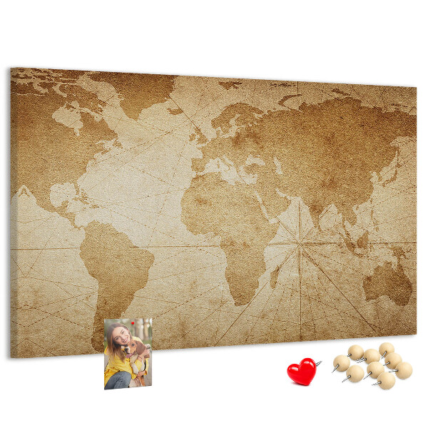Pizarra de corcho mapa del mundo antiguo sobre fondo marrón