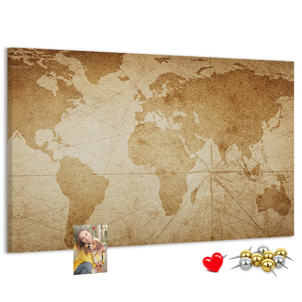 Pizarra de corcho mapa del mundo antiguo sobre fondo marrón