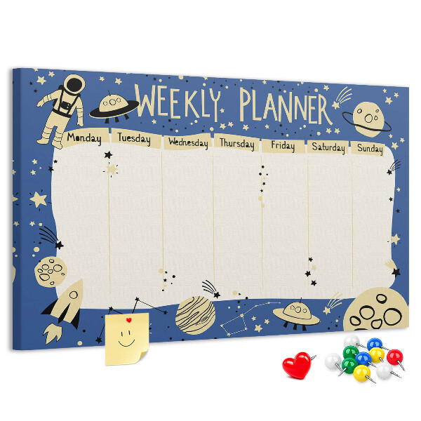 Tablero de corcho decorado planificador semanal con diseño de planetas y estrellas