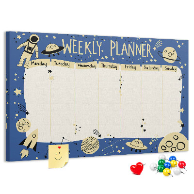 Tablero de corcho decorado planificador semanal con diseño de planetas y estrellas