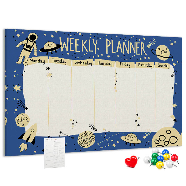 Tablero de corcho decorado planificador semanal con diseño de planetas y estrellas