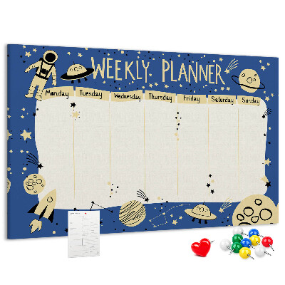 Tablero de corcho decorado planificador semanal con diseño de planetas y estrellas