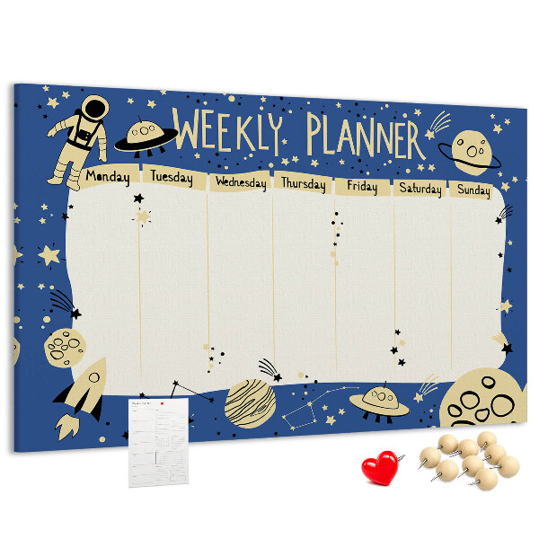 Tablero de corcho decorado planificador semanal con diseño de planetas y estrellas