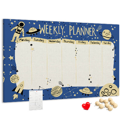 Tablero de corcho decorado planificador semanal con diseño de planetas y estrellas