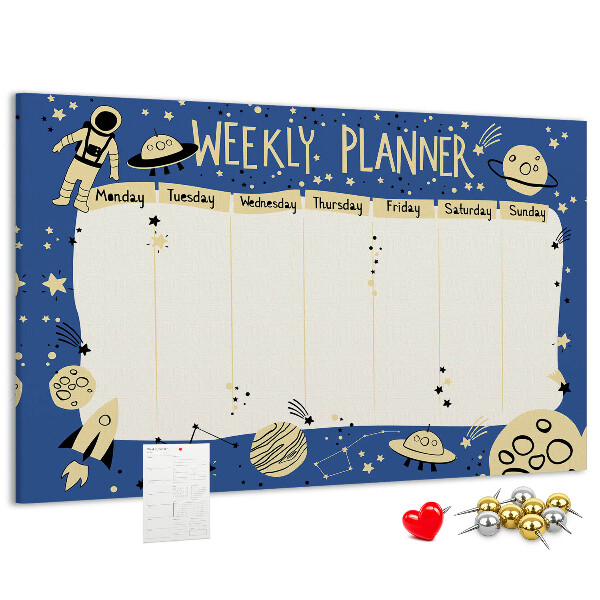 Tablero de corcho decorado planificador semanal con diseño de planetas y estrellas