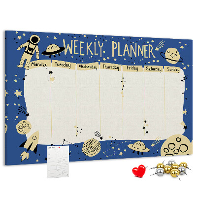Tablero de corcho decorado planificador semanal con diseño de planetas y estrellas