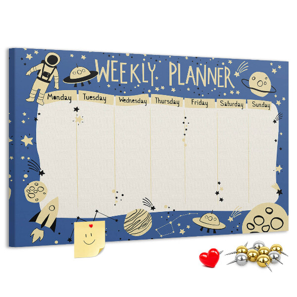 Tablero de corcho decorado planificador semanal con diseño de planetas y estrellas