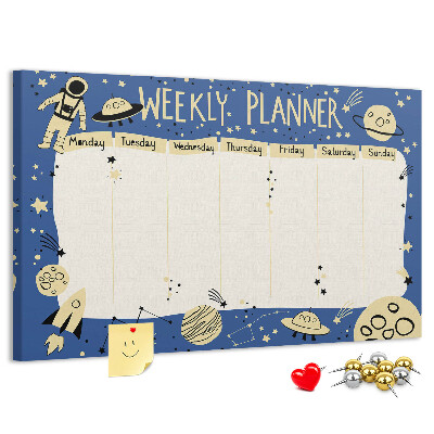 Tablero de corcho decorado planificador semanal con diseño de planetas y estrellas