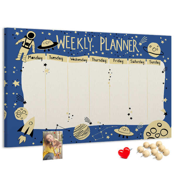 Tablero de corcho decorado planificador semanal con diseño de planetas y estrellas