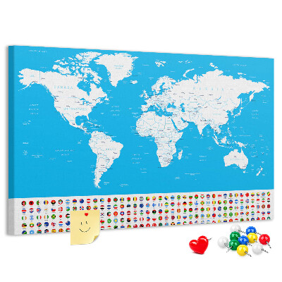 Tablero de corcho decorado Mapa mundial colorido con banderas de países.