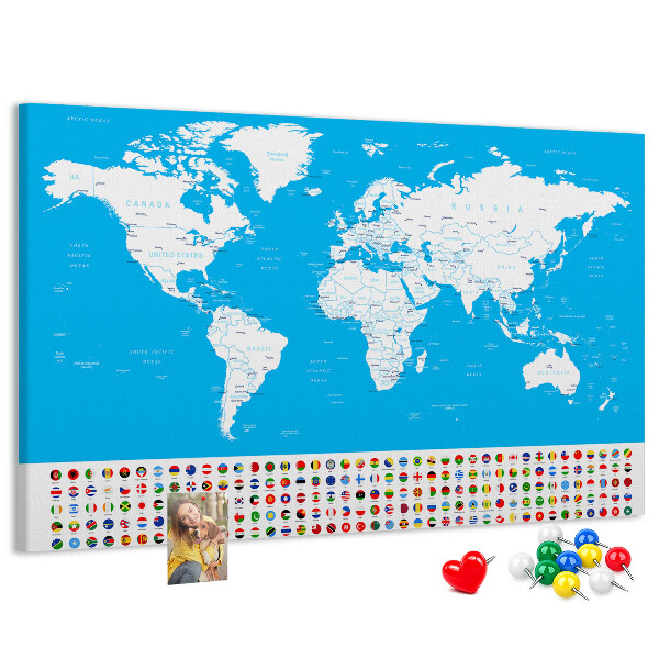 Tablero de corcho decorado mapa mundial colorido con banderas de países