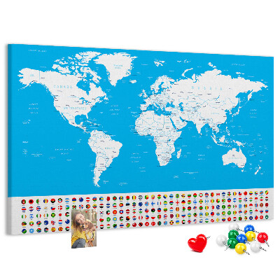 Tablero de corcho decorado mapa mundial colorido con banderas de países