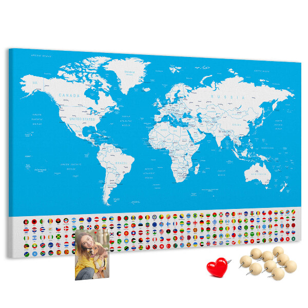 Tablero de corcho decorado mapa mundial colorido con banderas de países