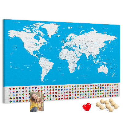 Tablero de corcho decorado mapa mundial colorido con banderas de países