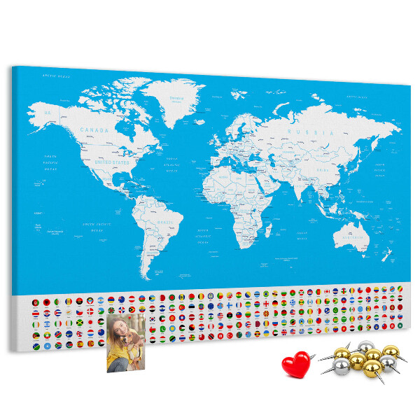 Tablero de corcho decorado mapa mundial colorido con banderas de países