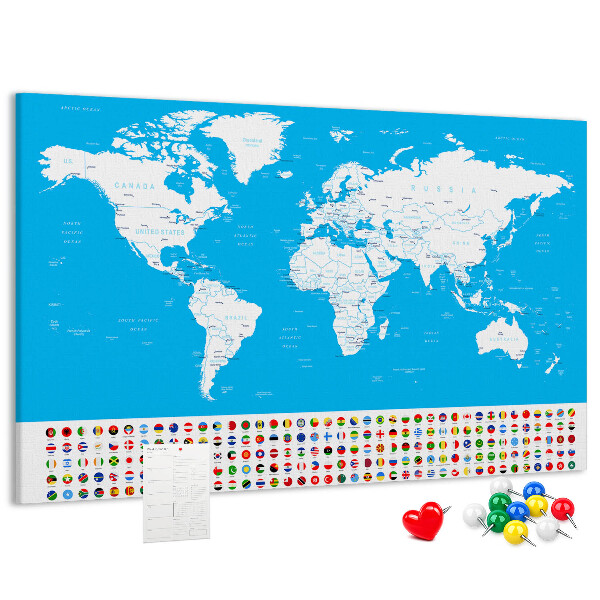 Tablero de corcho decorado mapa mundial colorido con banderas de países
