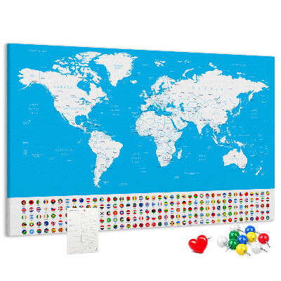 Tablero de corcho decorado mapa mundial colorido con banderas de países