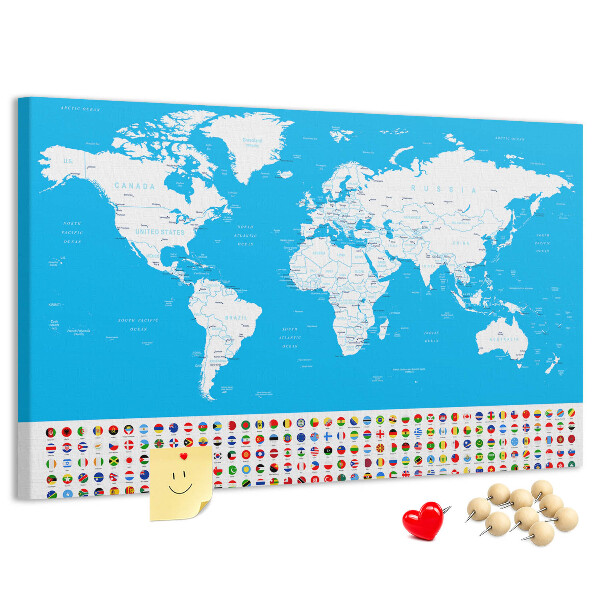 Tablero de corcho decorado mapa mundial colorido con banderas de países