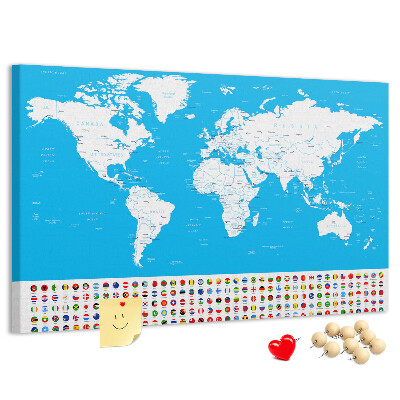 Tablero de corcho decorado mapa mundial colorido con banderas de países