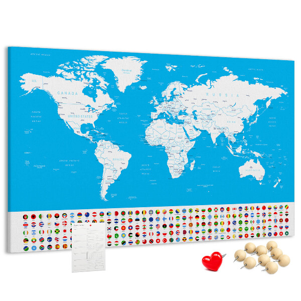 Tablero de corcho decorado mapa mundial colorido con banderas de países