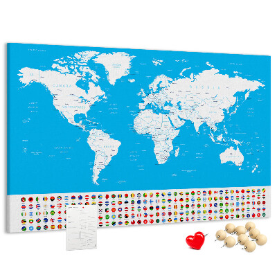 Tablero de corcho decorado mapa mundial colorido con banderas de países