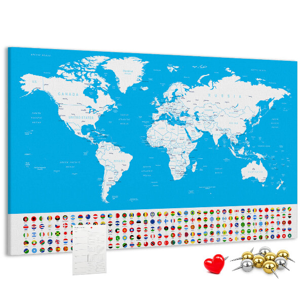 Tablero de corcho decorado mapa mundial colorido con banderas de países