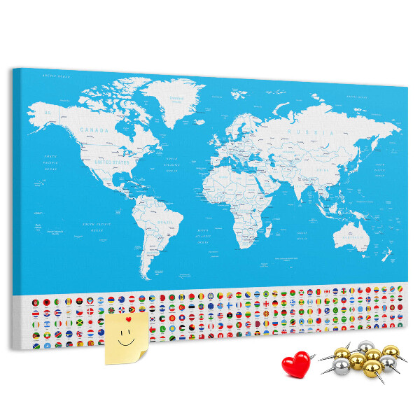 Tablero de corcho decorado mapa mundial colorido con banderas de países