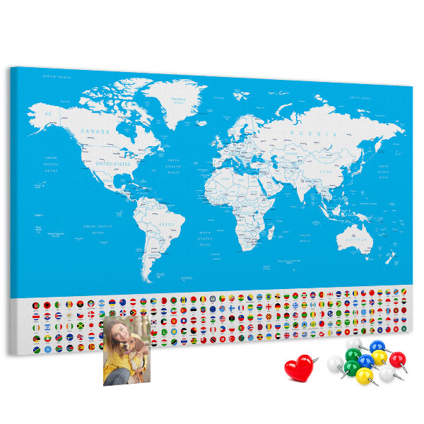 Tablero de corcho decorado mapa mundial colorido con banderas de países