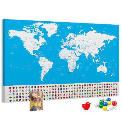 Tablero de corcho decorado mapa mundial colorido con banderas de países