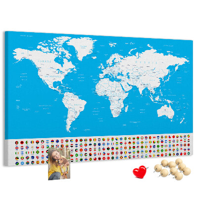 Tablero de corcho decorado mapa mundial colorido con banderas de países