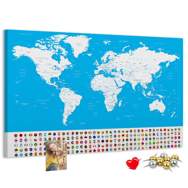 Tablero de corcho decorado mapa mundial colorido con banderas de países