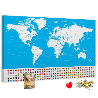 Tablero de corcho decorado mapa mundial colorido con banderas de países
