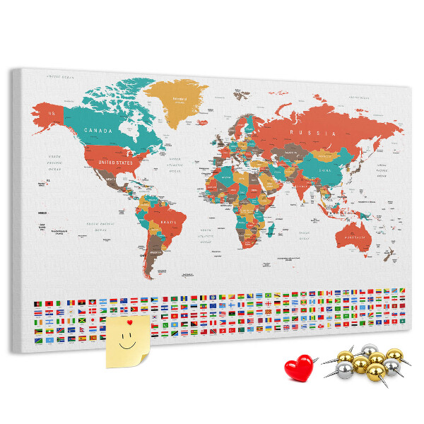 Tablero de anuncios mapa del mundo con banderas de países