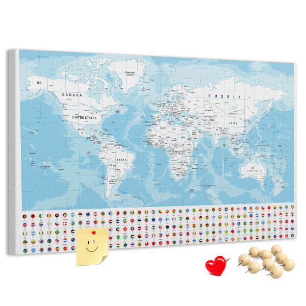 Mapa del mundo de corcho con alfileres de colores