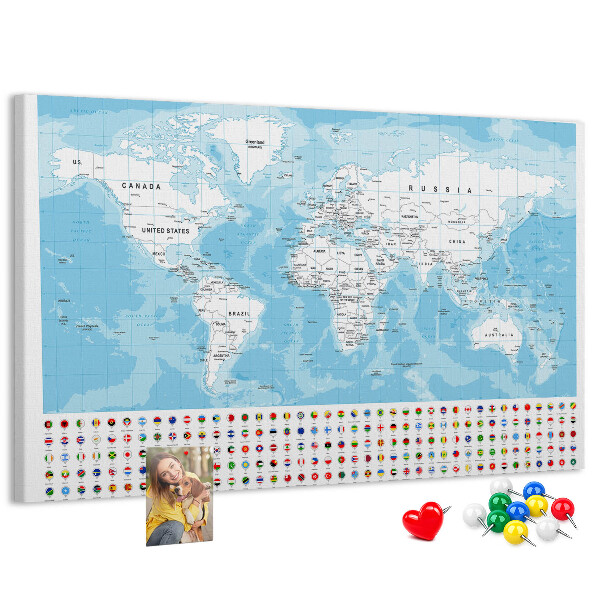 Mapa del mundo de corcho con alfileres de colores