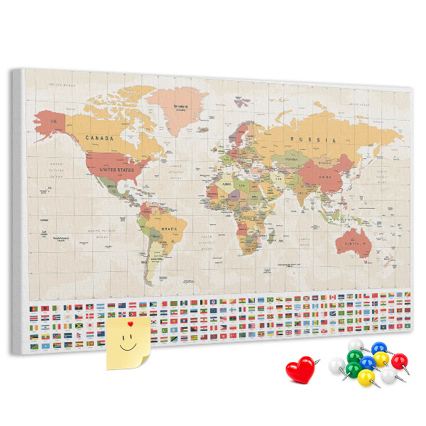Tablero de corcho decorativo mapa del mundo con banderas de países de colores
