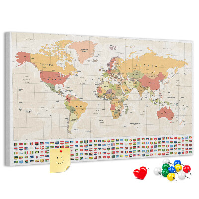 Tablero de corcho decorado Mapa del mundo con banderas de países de colores.