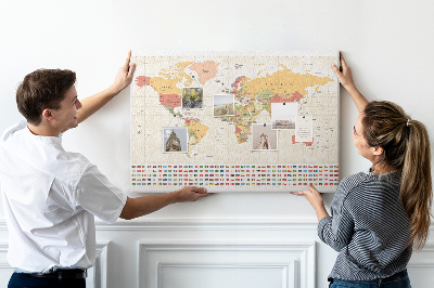 Tablero de corcho decorativo mapa del mundo con banderas de países de colores