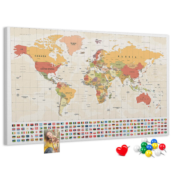 Tablero de corcho decorativo mapa del mundo con banderas de países de colores