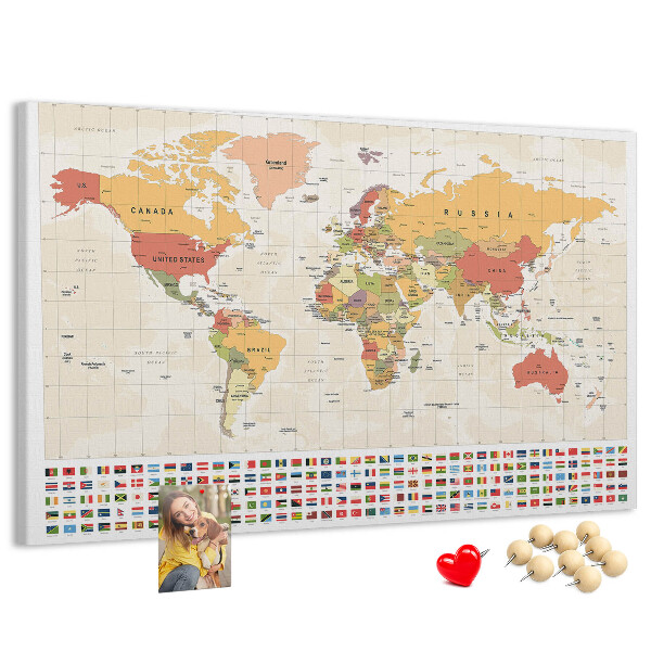 Tablero de corcho decorativo mapa del mundo con banderas de países de colores
