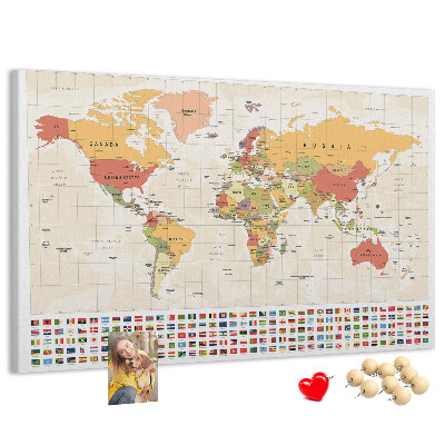 Tablero de corcho decorativo mapa del mundo con banderas de países de colores