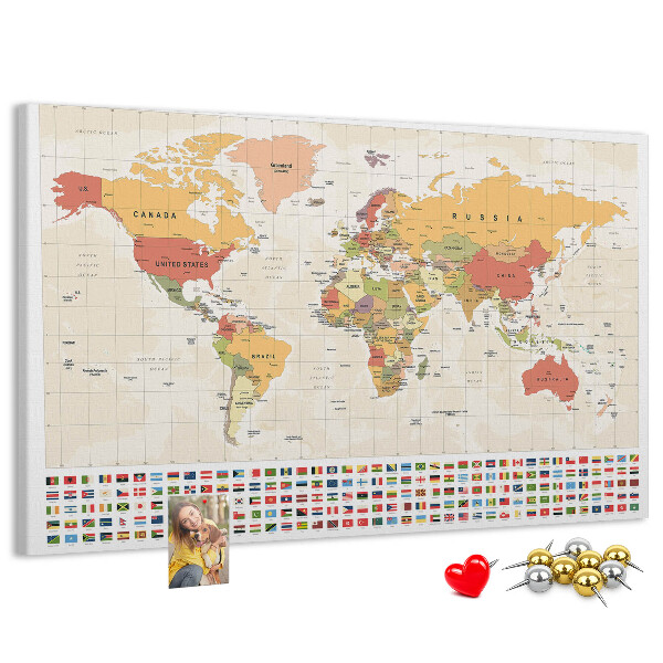 Tablero de corcho decorativo mapa del mundo con banderas de países de colores