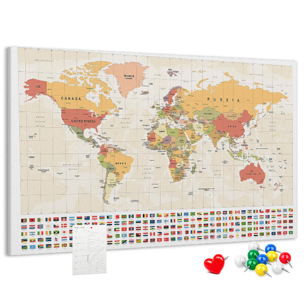 Tablero de corcho decorativo mapa del mundo con banderas de países de colores