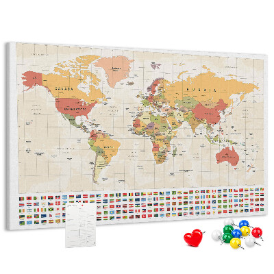 Tablero de corcho decorativo mapa del mundo con banderas de países de colores