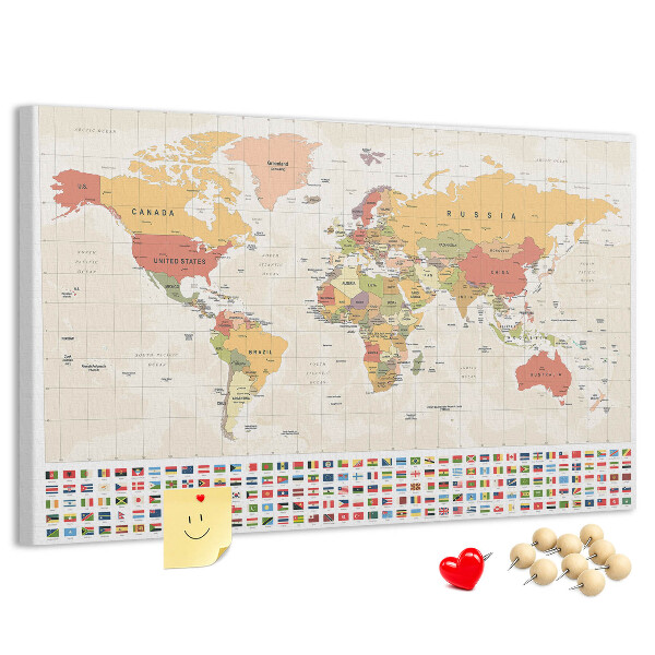 Tablero de corcho decorativo mapa del mundo con banderas de países de colores