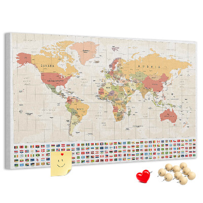Tablero de corcho decorativo mapa del mundo con banderas de países de colores