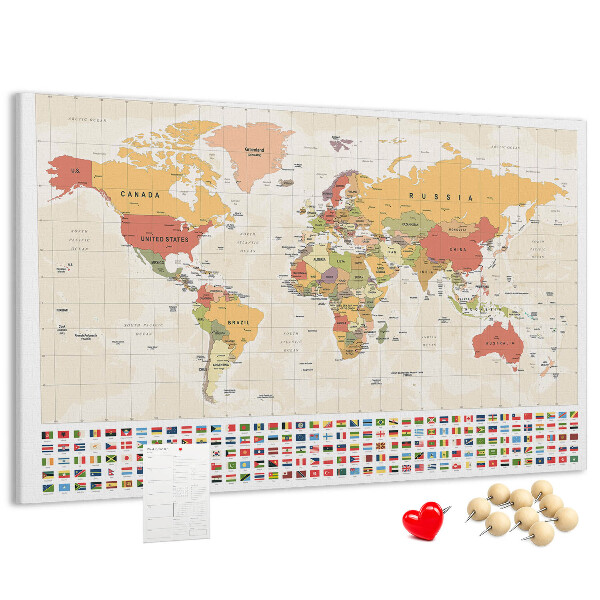 Tablero de corcho decorativo mapa del mundo con banderas de países de colores