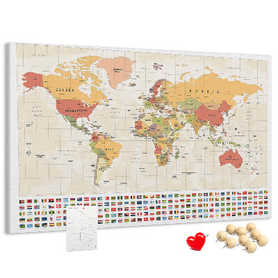 Tablero de corcho decorativo mapa del mundo con banderas de países de colores