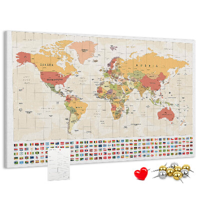 Tablero de corcho decorativo mapa del mundo con banderas de países de colores