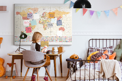 Tablero de corcho decorativo mapa del mundo con banderas de países de colores